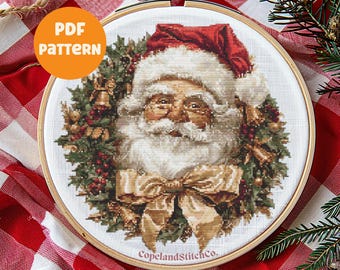Santa Wreath Cross Stitch Pattern: Christmas Holiday (PDF Pattern)