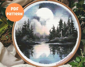 Moonlit Forest Lake Cross Stitch Pattern: Night Landscape (PDF Pattern)