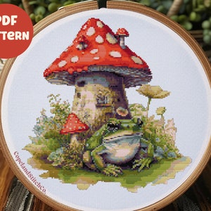 Cottagecore Mushroom Frog Cross Stitch Pattern, Instant PDF Download - Froggy Embroidery, Cozy, Modern Cross Stitch Pattern