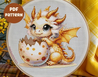 Schema punto croce per drago bambino, design fantasy leggero (download PDF)