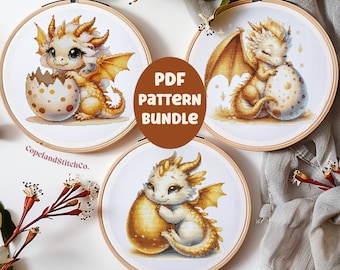 Baby Golden Dragon Cross Stitch Pattern Bundle, Fantasy Dragon Egg (Digital PDF)