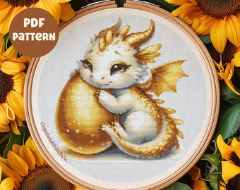 Baby Golden Dragon Cross Stitch Pattern PDF Download, Dragon Counted Cross Stitch, Fantasy Cross Stitch, Cute Cross Stitch, Dragon Egg