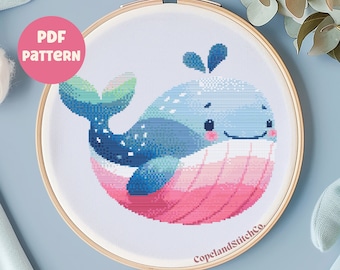Süßer Wal Kreuzstichmuster, sofortiger PDF Download - Pixel Art, Aquarell Kreuzstichmuster - Meerestiere, gemütlicher Kreuzstich