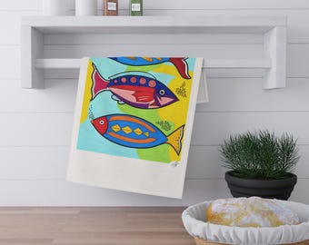 Colorful Fish Tea Towel, Coastal Kitchen Decor, Whimsical Ocean Art, Original Artwork by Summer Fairbairn