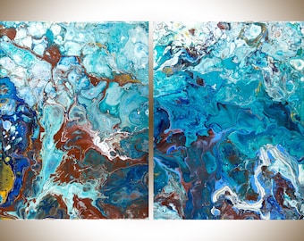 Fluid art acrylic fluid painting Abstract painting Turquoise Pink original art home decor wall decor wall art by qiqigallery