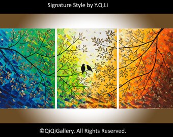 Original 54" Large Abstract Painting Landscape and Scenic Painting Palette Knife Impasto Tree Painting Love Birds Painting "Twilight"