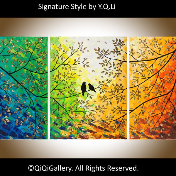 Original 54" Large Abstract Painting Landscape and Scenic Painting Palette Knife Impasto Tree Painting Love Birds Painting "Twilight"