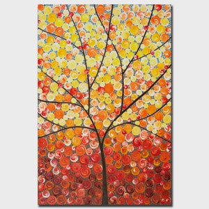 Original abstract painting colorful painting red yellow orange wall art Whimsical art canvas art "sunshine through the mocha tree" by qiqi