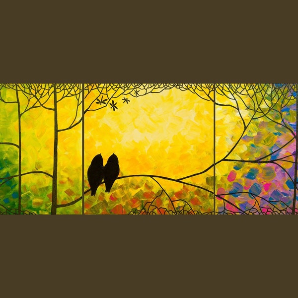 Large Original Modern Abstract Heavy Texture Impasto Acrylic Painting "Love Birds and Dragonflies II" by QIQIGALLERY 36x12x0.8