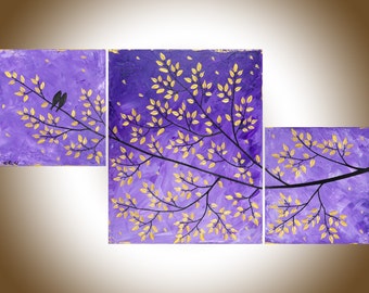 Purple art gold purple wall art set of 3 paintings lovebirds canvas art by yiqi li