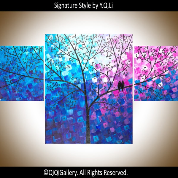art painting Colorful birds art set of 3 wall art wall decor blue purple magenta gift for couples painting on canvas"Wishing Tree" by qiqi