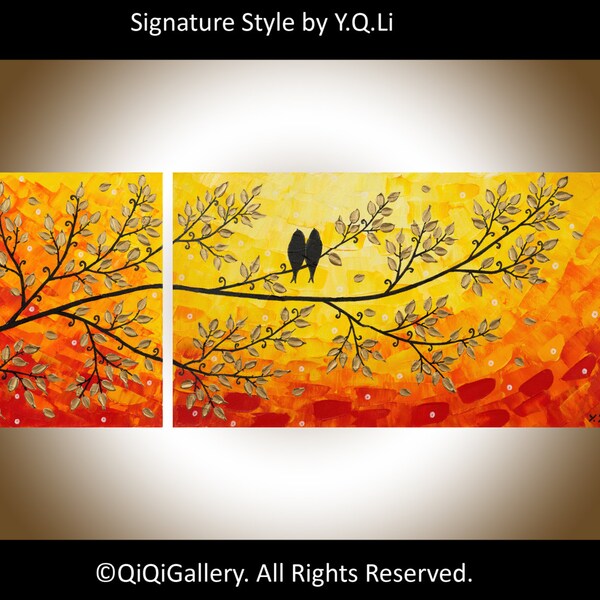 36" Contemporary Red Abstract Painting Palette Knife Tree Birds landscape Wall Decor "A Better Tomorrow" by QIQIGALLERY