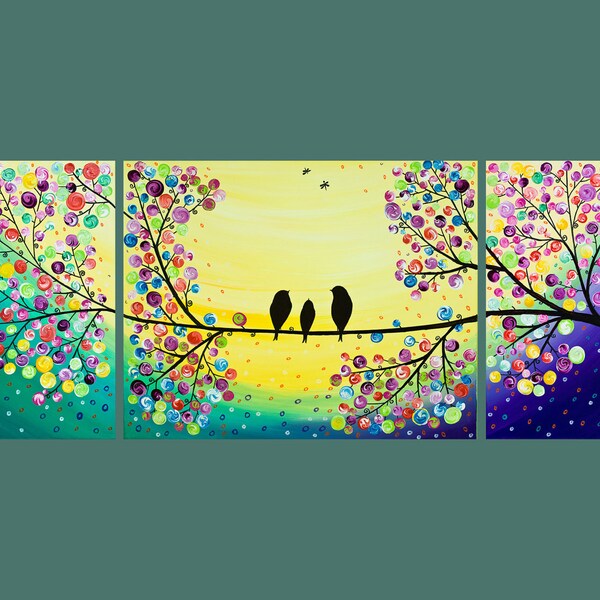 44x16 Original Modern Abstract Heavy Texture Impasto Acrylic Metallic Painting Love Birds Tree Branches "Precious Moment" by QIQIGALLERY