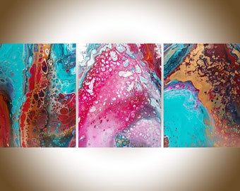 Abstract painting set of 3 canvas art Teal red copper wall art gift for her Original Artwork by qiqigallery