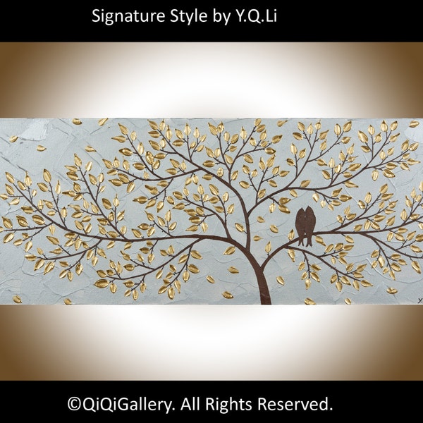 Original Metallic silver painting Modern Heavy Texture Impasto palette knife Tree Love Birds Wall Art "Be With You" by QIQIGALLERY