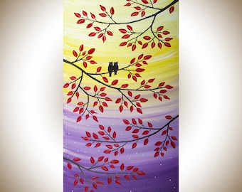 Owl painting gift for her magenta red yellow canvas art wall art original painting ---by qiqigallery