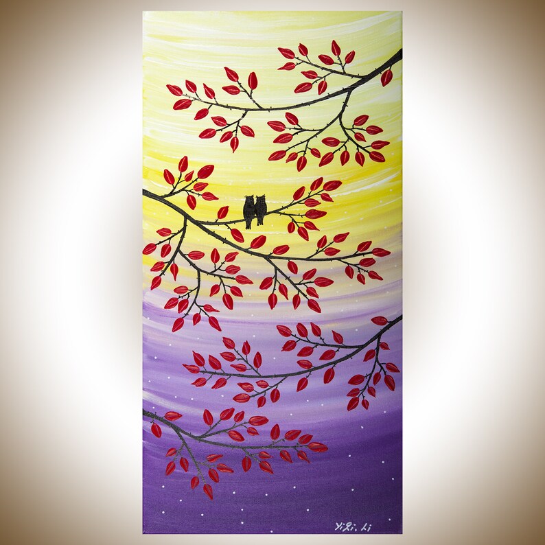 Owl painting gift for her magenta red yellow canvas art wall art original painting ---by qiqigallery 