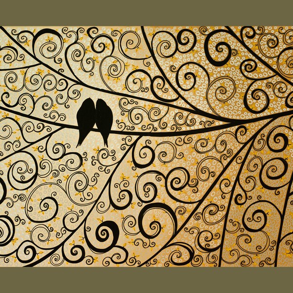 Original Modern Impasto Palette Knife Painting Landscape Tree Branches Birds Wall Decor "The Wedding Day III"