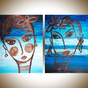 Face painting Set of 2 painting  blue copper painting woman face  by YIQI LI