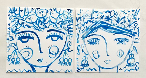 Abstract face art set of 2 paintings on paper original painting by QIQIGallery