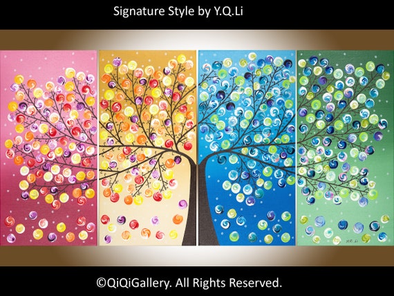 Four Seasons Trees Acrylic Round Canvas Paintings 