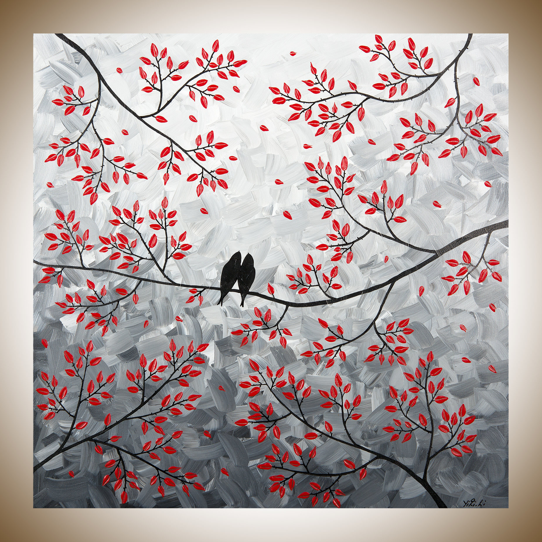 Red black white wall art Abstract Landscape Painting Original