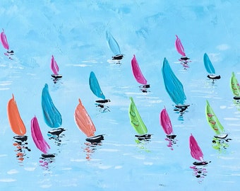 Sailboat Seascape Painting: Colorful Gallery Wrap Canvas Art