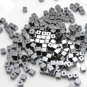3mm hematite square beads for jewelry making, DIY crafts. Loose silver cube spacers in bulk. Minimalist supply lot. 50, 100 & 200 PCs.