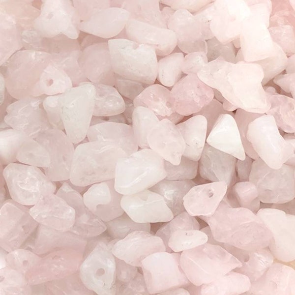 Small drilled genuine rose quartz chip beads.  Wire-wrapping supplies for DIY, arts and crafts.  50g/1.7oz, 100g/3.5oz & 200g/7oz lots.