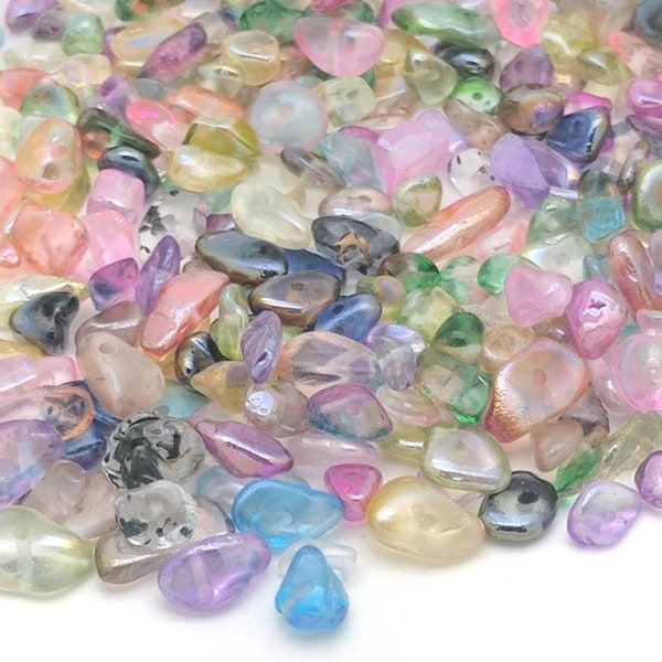 Small drilled mixed glass chip beads for jewelry making, wire-wrapping and DIY crafts.  50g/1.7oz, 100g/3.5oz & 200g/7oz lots.