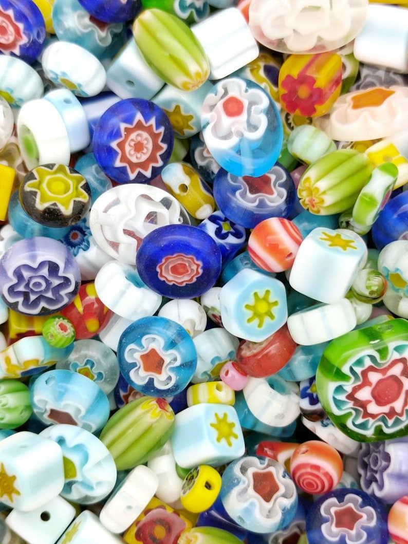 Colorful loose lampwork beads 40 grams Mixed millefiori glass beads for jewelry making /& DIY crafts Bead soup drilled destash in bulk.