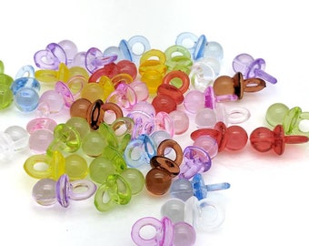 50pcs. Acrylic mini pacifier baby shower party favors in bulk for charms & DIY crafts. Multiple color mixed binky trendy jewelry making lot.