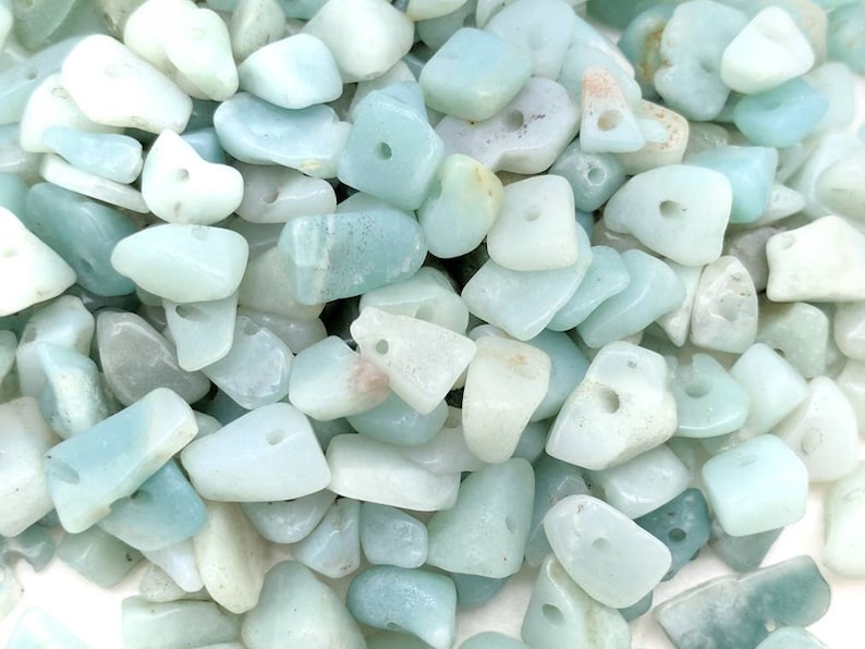 Small drilled genuine amazonite chip beads for jewelry making, wire-wrapping and DIY crafts.  50g/1.7oz, 100g/3.5oz & 200g/7oz lots. 