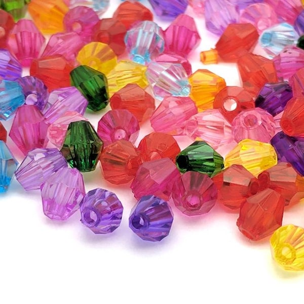 100 pcs 6mm colorful mix of acrylic bicone beads for jewelry making. Destash in bulk.  Bright, lightweight faceted mixed spacer beads.