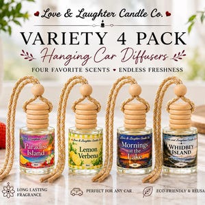 May include: Four glass car diffusers with wooden caps and hanging ropes. Labels read Love & Laughter Candle Co. Variety 4 Pack Hanging Car Diffusers, with scent names Paradise Island, Lemon Verbena, Mornings at the Lake, and Whidbey Island.