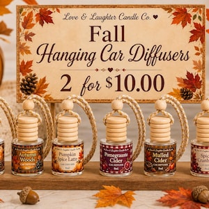 Pode incluir: Seis pequenos difusores de carro de vidro com tampas de madeira e cordas para pendurar, cada um com um rótulo com nomes de aromas como Cinnamon Stick, Autumn Woods, Pumpkin Spice Latte, Pomegranate Cider, Mulled Cider e Spiced Cranberry, 8ml cada.