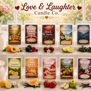 May include: Ten clear plastic clamshell packages of soy wax melts arranged in two rows, each featuring a unique label with fruit imagery and scent names like Apricot Grove, Berry Besties, Black Cherry, Coconut & Lime, Huckleberry, Lemon Verbena, Orange Creamsicle, Strawberry Shortcake, Washington Apple, and Black Raspberry & Vanilla.