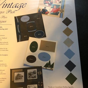 May include: A vintage paper pack with a brown background and blue accents. The pack includes various photo layouts and designs. The text "Vintage Paper Pack" is printed on the front of the pack.