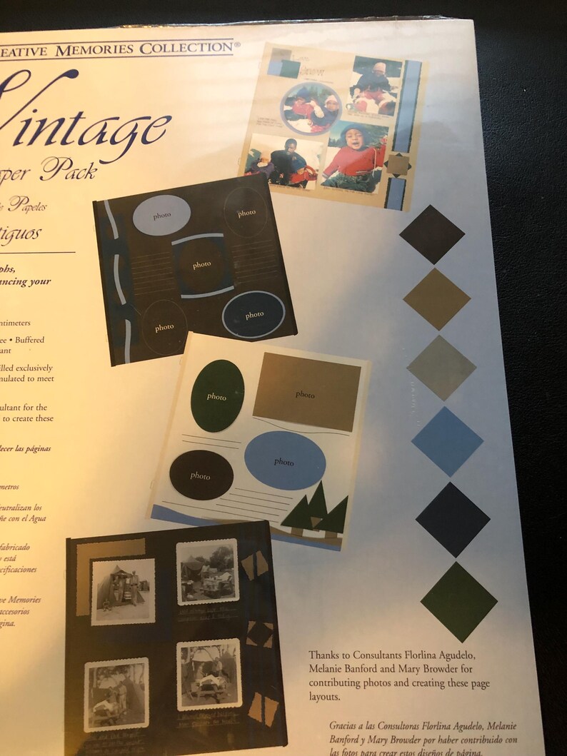May include: A vintage paper pack with a brown background and blue accents. The pack includes various photo layouts and designs. The text "Vintage Paper Pack" is printed on the front of the pack.