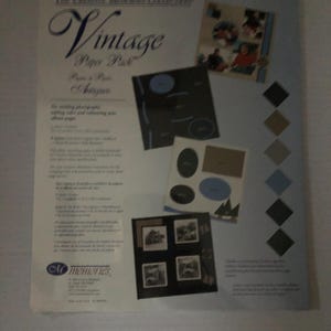 May include: Vintage Paper Pack - Photo & Antique. A pack of paper for scrapbooking, adding texture and enhancing photos. The pack includes a variety of colors and patterns, including black, brown, gray, and blue. The pack also includes a variety of shapes, including circles, squares, and rectangles. The pack is perfect for adding a vintage touch to your scrapbooking projects.