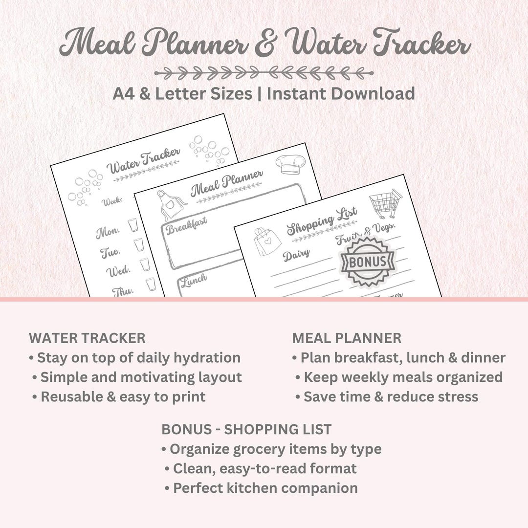 Printable Meal Planner & Water Tracker | Minimalist A4 + Letter Planner ...