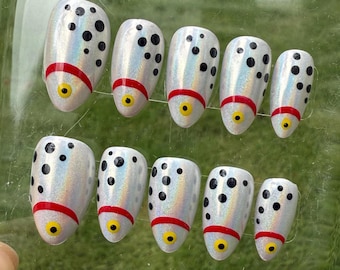 Fishing Lure Press-On Nails: Holographic Fish Bait Nail Art