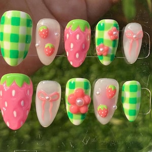 3D Strawberry Press On Nails: Gingham Bow Pearl Summer Nails