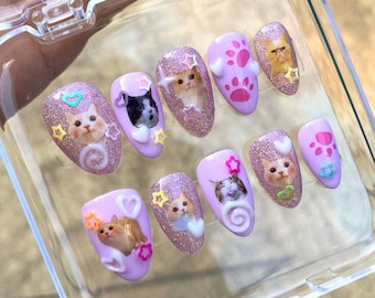 Kawaii Cat Press On Nails | Strawberry Kitty Y2K Nails | Long Almond Handmade Gyaru Nails