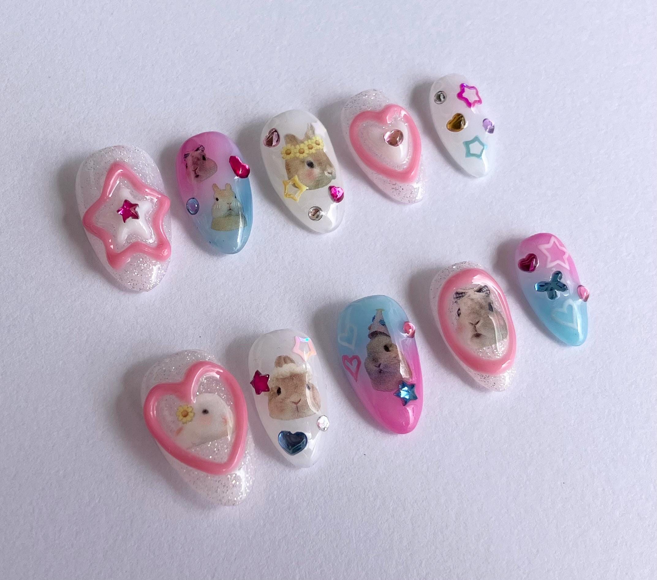 Kawaii Cute Gyaru Y2K Bunny Rabbit Short Almond Press on