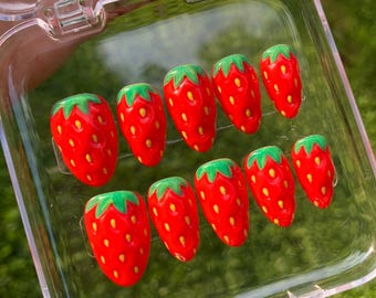 Strawberry Nails, Free Style Press On Nails, Pink Nails, Handmade Fake Nail, Custom Press On Nails, Unique Nail, Gift For Her, Fruit Summer