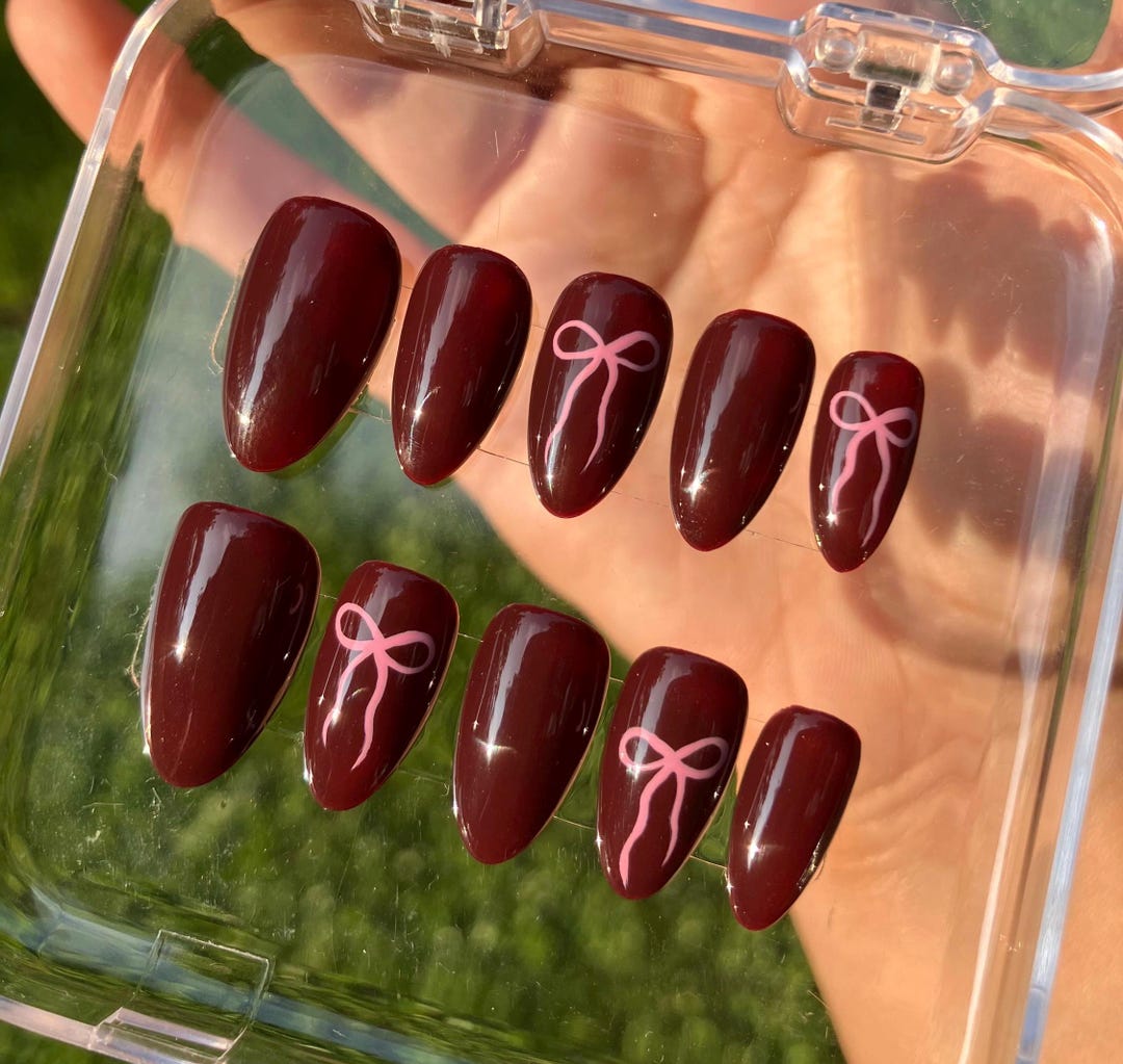 Valentine Bow Nails, Balletcore, Coquettecore, Burgundy Blood Red Nails ...