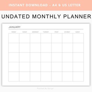 Undated Monthly Calendar, Printable Calendar, PDF, Wall Calendar, Calendar Template, Sunday & Monday Start, Landscape, A4, US Letter
