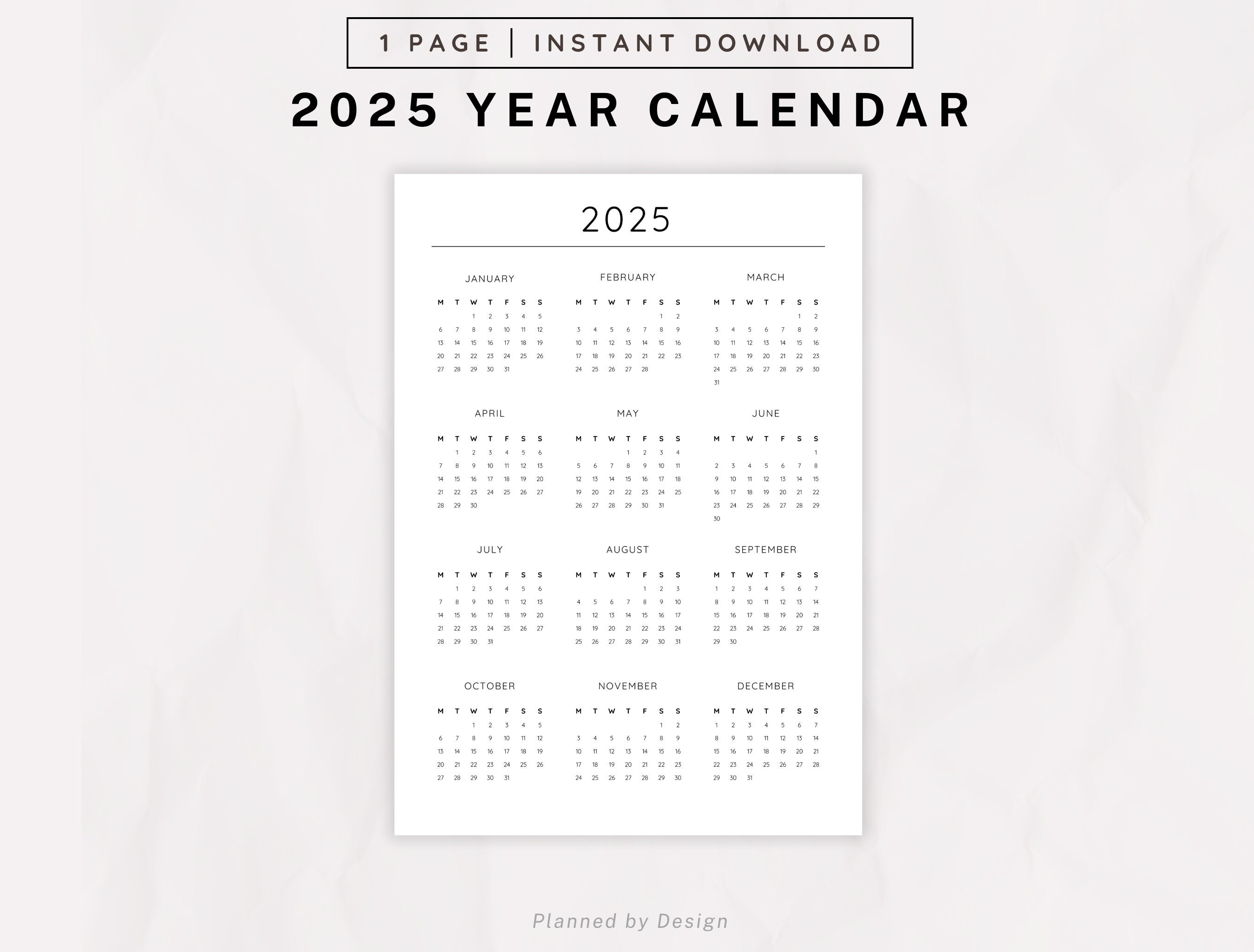 2025 Year Calendar, Printable PDF, Wall Calendar, One Page Printable ...