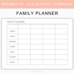 Planificador familiar, plantilla de planificador familiar semanal, planificador para 2, 3, 4 o 5 personas, minimalista, calendario familiar, descarga instantánea, tamaño A4, tamaño carta de EE. UU.